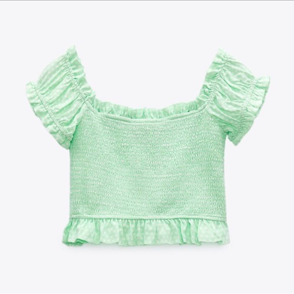 Zara Mint Green Ruffled Polka Dot Crop Top